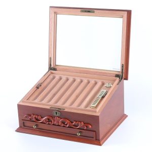 Hand-Carved Spanish Cedar Cigar Humidor | 50-Cigar Capacity with Glass Top & Drawer